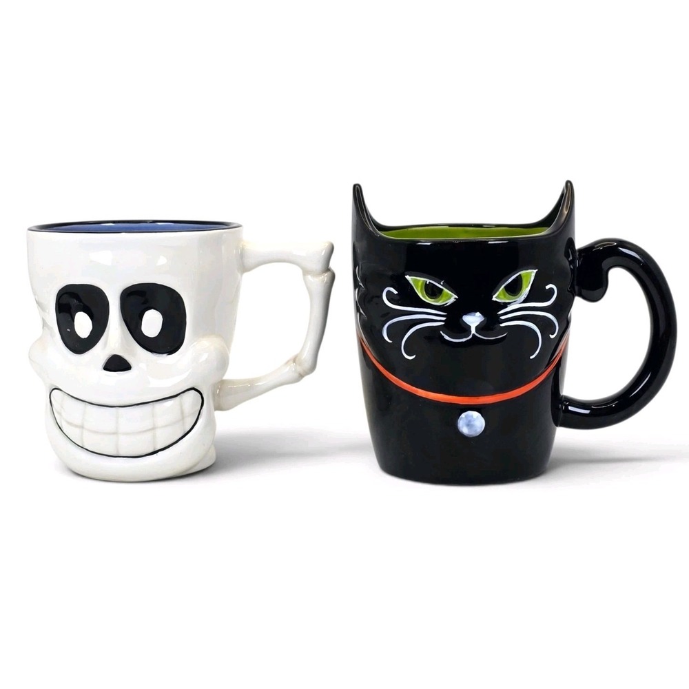 Pfaltzgraff Happy Halloween 2009 Skull Black Cat Mugs Set of 2 Chipped